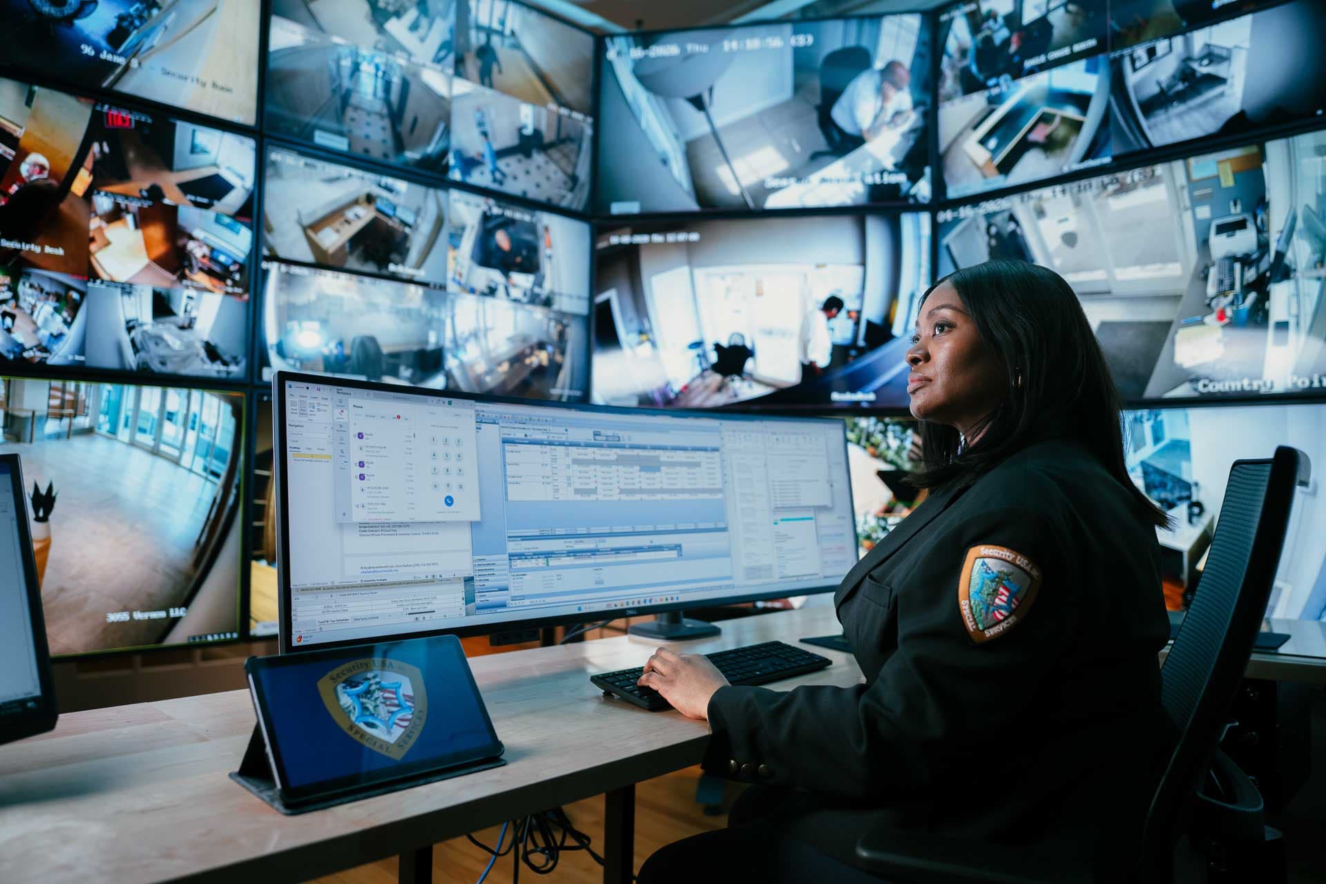 Security officer monitoring systems in a command center