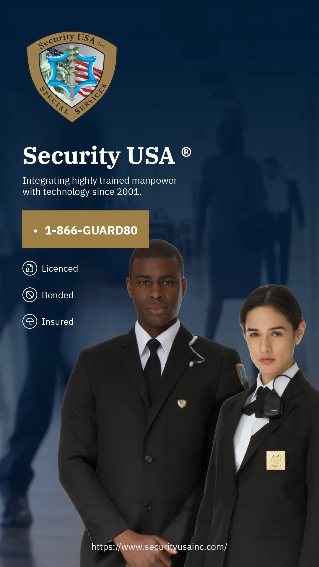 Two Security Guards, A Man and a Woman standing in a hallway.