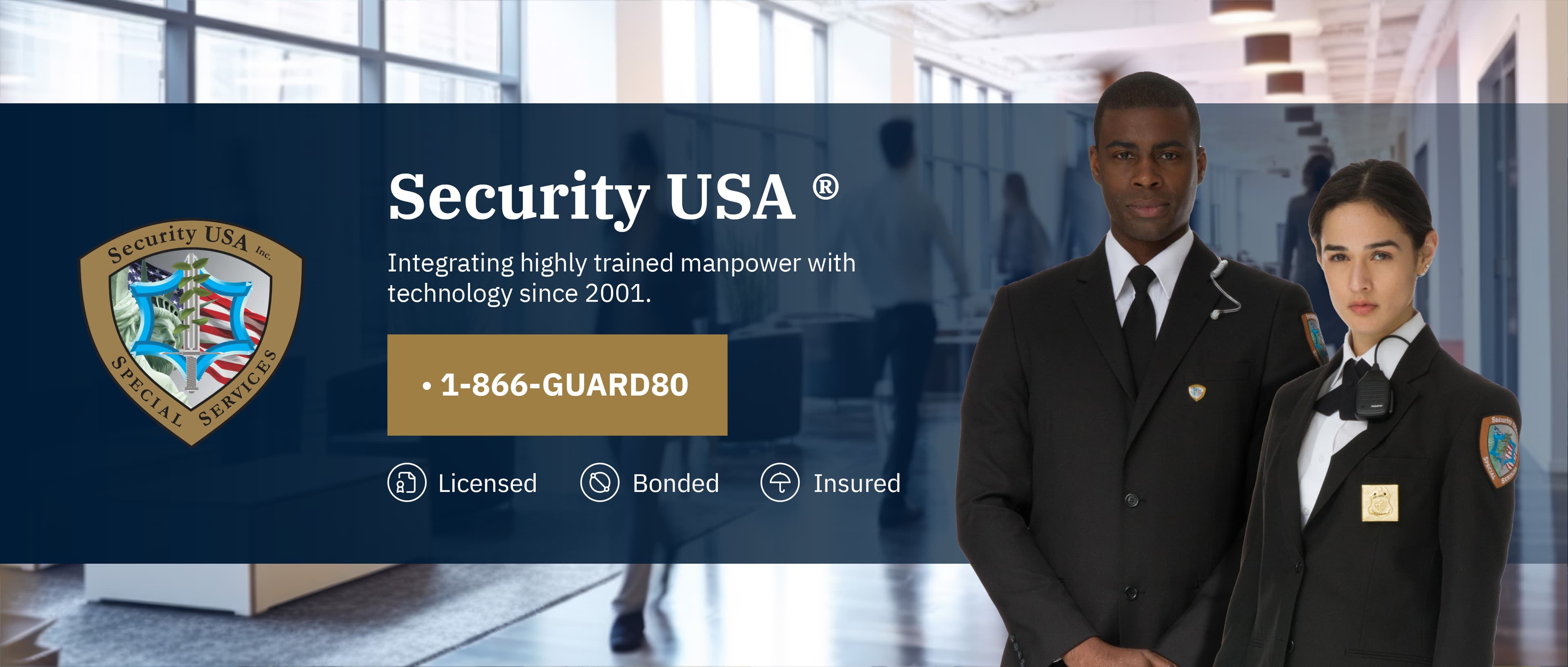 Two Security Guards, A Man and a Woman standing in a hallway.