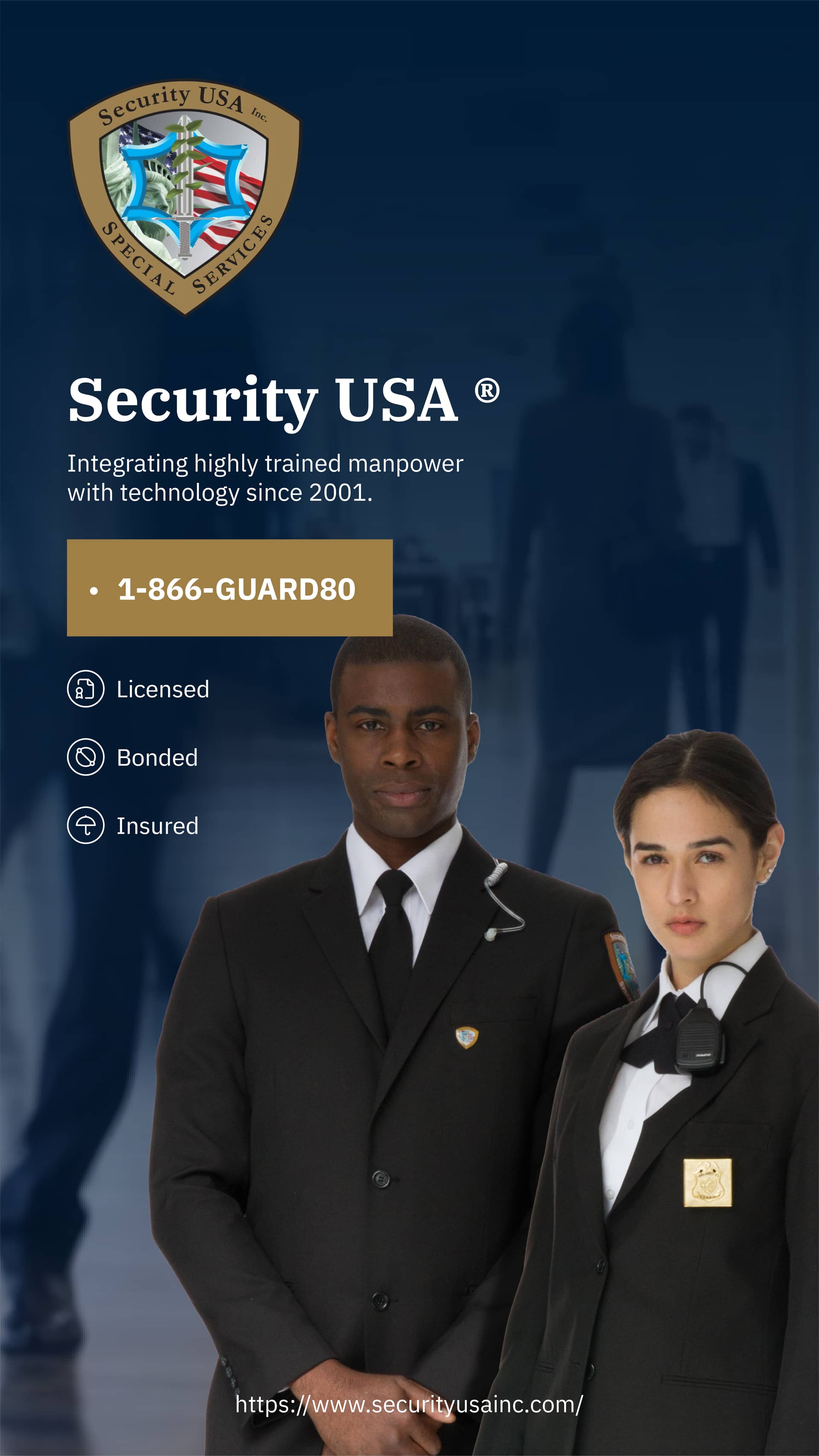 Two Security Guards, A Man and a Woman standing in a hallway.